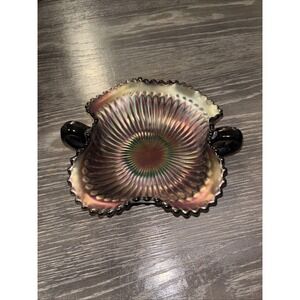 Northwood Ribbed Purple Amethyst Carnival Glass Double Handle Candy Bon Bon Dish